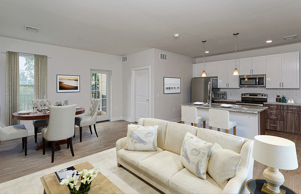 Open layout in boutique apartment in Ardmore, PA with spacious living area, dining room, and kitchen