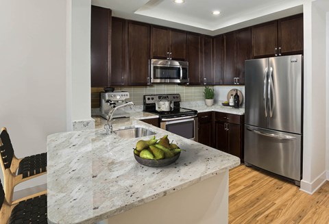 a kitchen with stainless steel appliances and a marble counter top