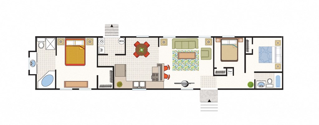 A floor plan of a house with a kitchen, living room, dining room, and bathrooms.