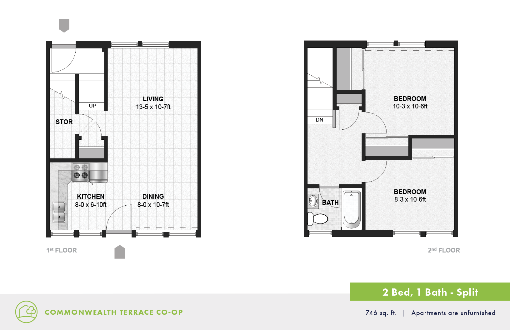 A floor plan for a 2 Bedroom, 1 Bath apartment.