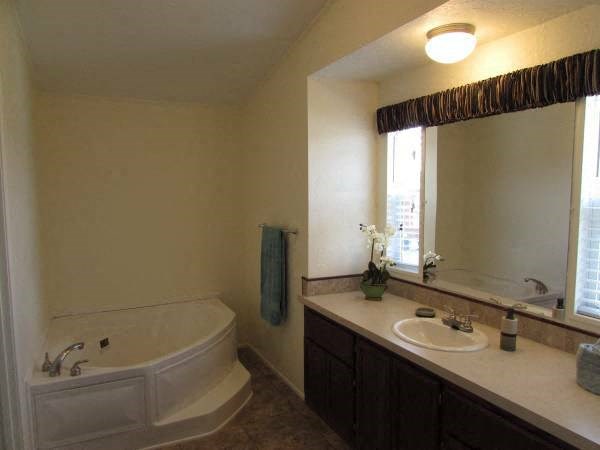 a bathroom with a tub and a sink and a mirror