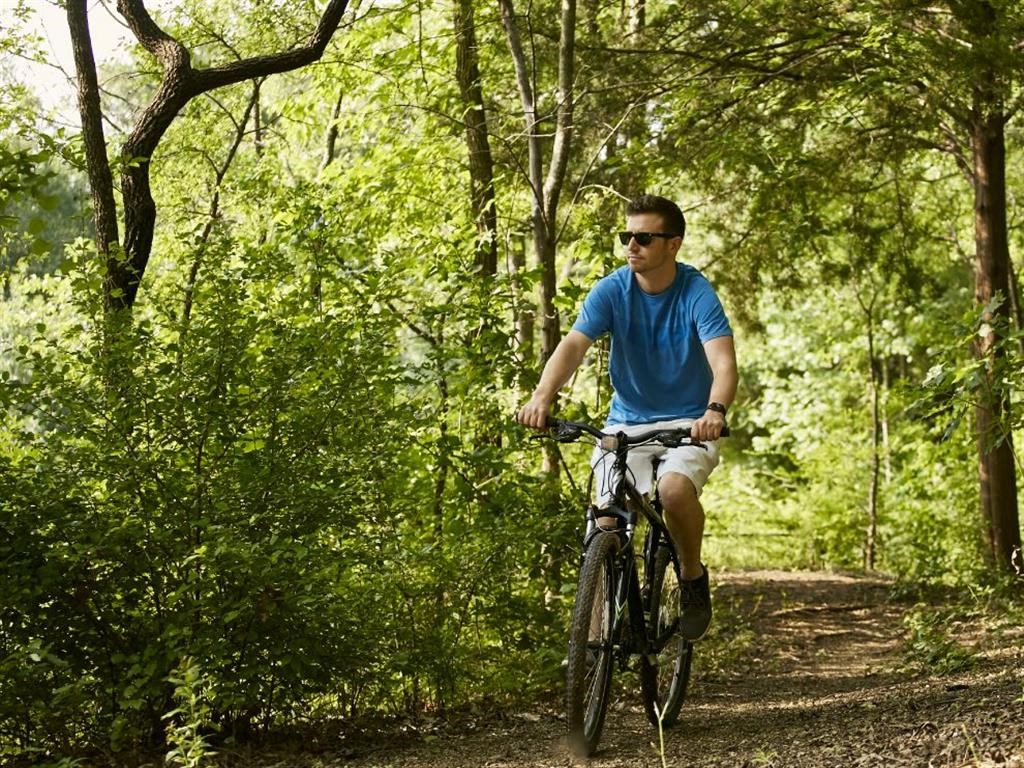 a man riding a bike down a dirt trail in the woods