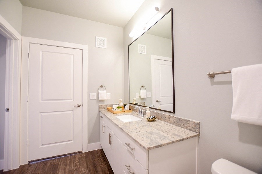 a bathroom with a sink and a mirror
