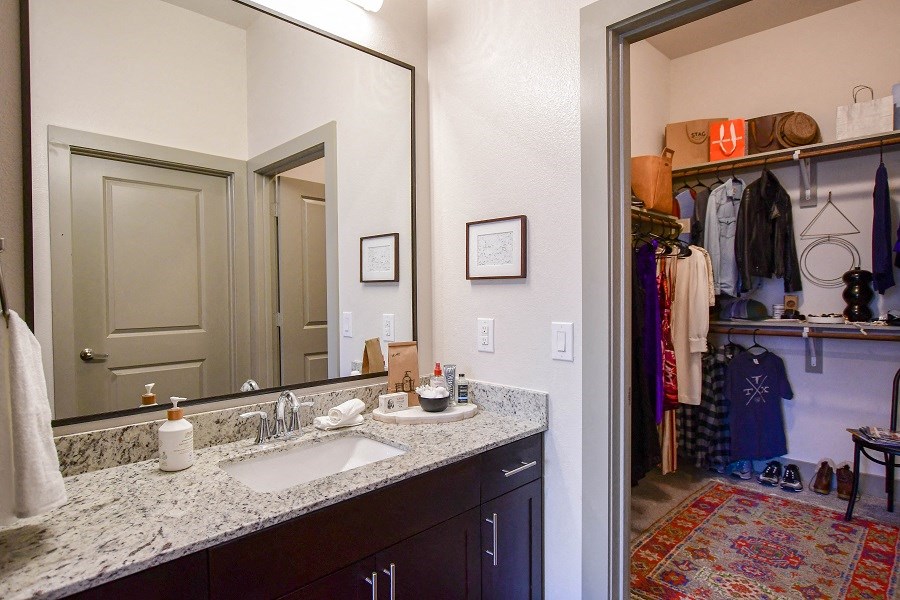 a bathroom with a sink and a mirror and a closet