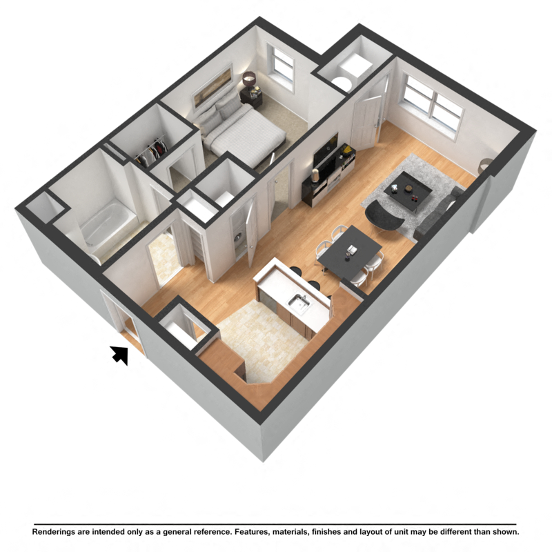 One bedroom, one bathroom rendering