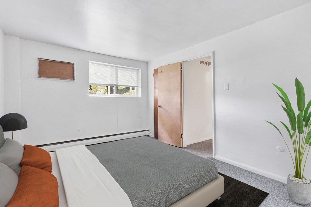 a bedroom with a bed and a closet