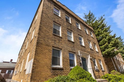 a brick building with windows and a tree