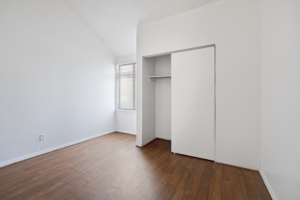 a bedroom with a closet and a hard wood floor