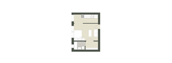 A floor plan of a house with a kitchen, living room, and two bedrooms.