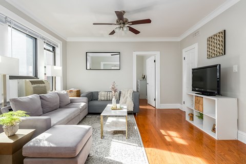 A living room with a grey sofa, a white coffee table, and a ceiling fan.