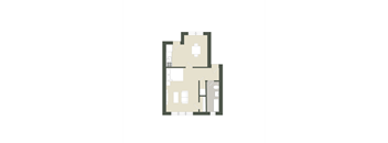 A floor plan of a house with a kitchen, living room, and two bedrooms.