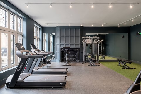A gym with treadmills, weights, and a bench press.