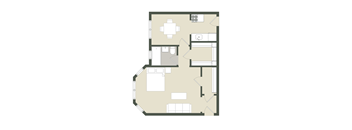 A floor plan of a house with a kitchen, living room, and two bedrooms.
