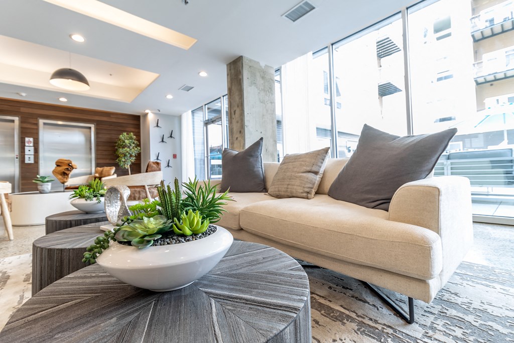 a living room with a couch and a coffee table