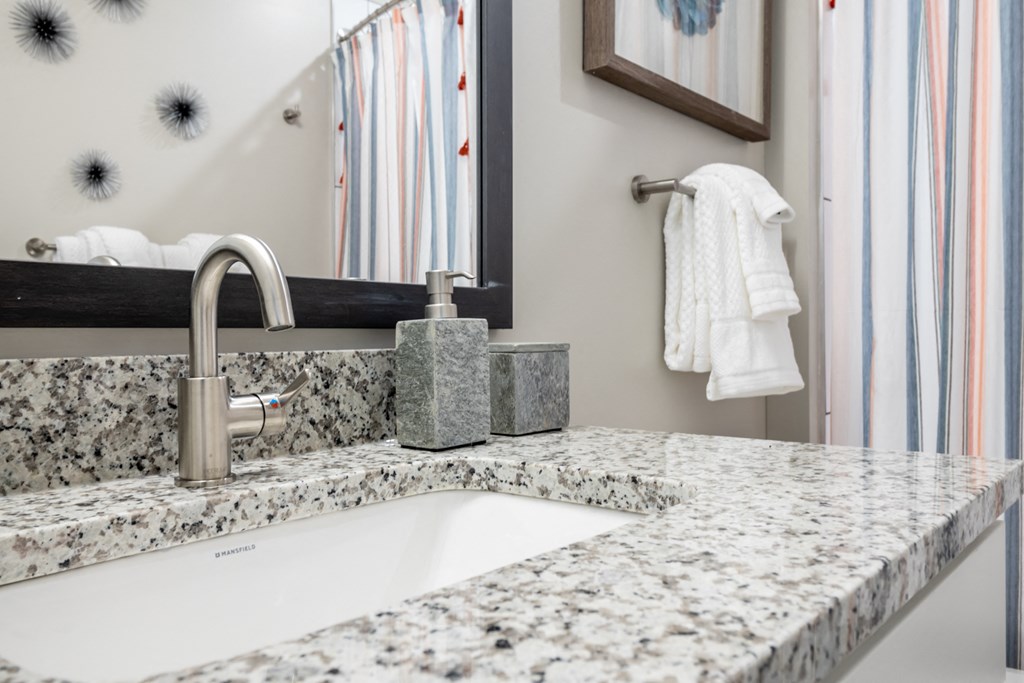 a bathroom with a sink and a mirror and a towel rack