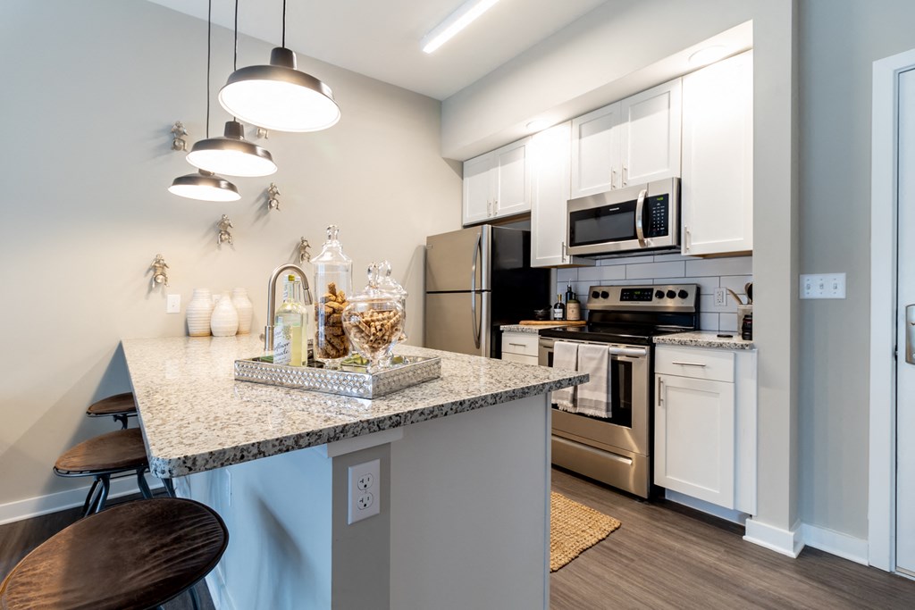 a kitchen with stainless steel appliances and a granite counter top