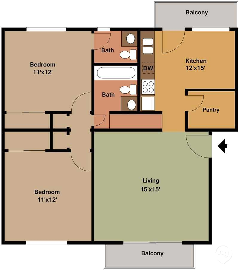 Upper Levels - 2 Bedroom, 1.5 Bath 870 Sq.Ft.  floorplan at Scotsdale Apartments, Coralville