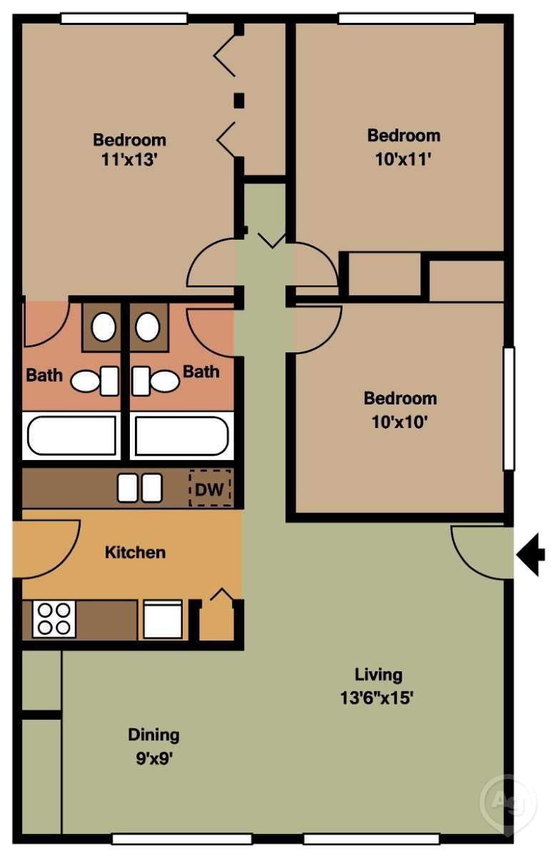 3 Bed, 1 Bath 1,060 Sq.Ft. floorplan at Emerald Court, Iowa City, Iowa