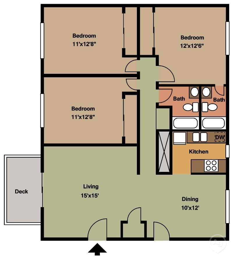 3 Bedroom, 2 Bath floorplan/1300 sqft at Westgate Villa, Iowa City, IA