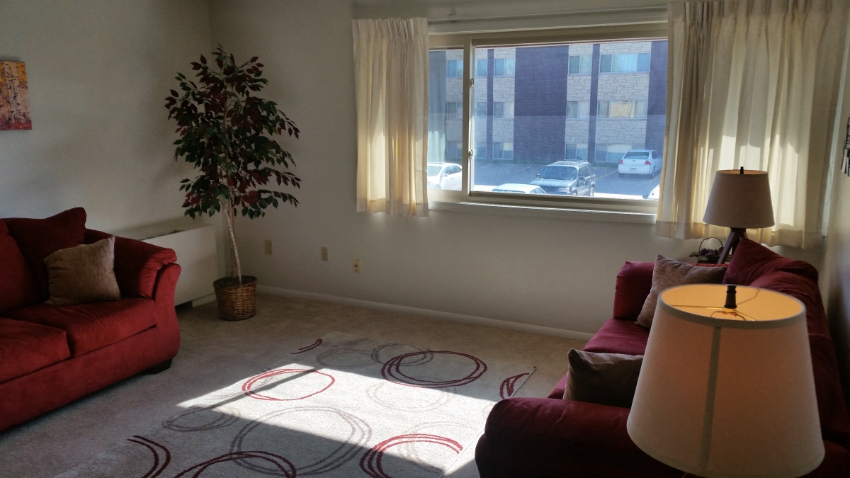 a living room with two couches and a large window
