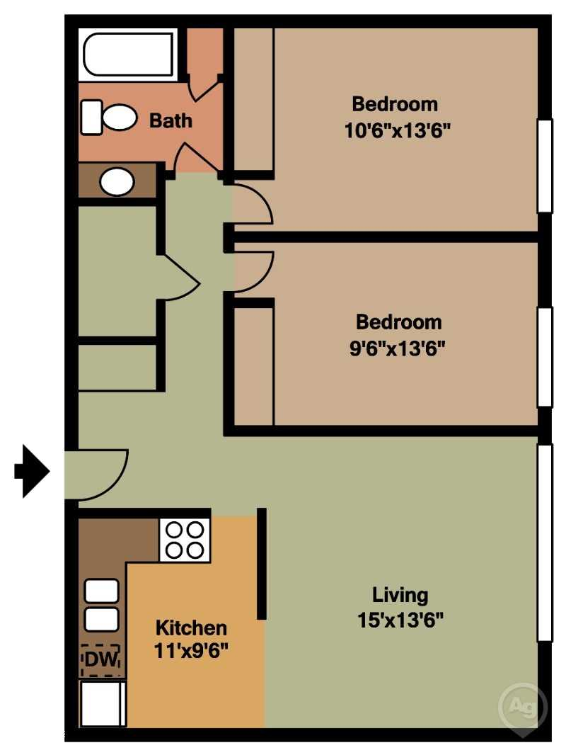 2 Bedroom, 1 Bath 900 Sq.Ft. Floor Plan at Seville Apartments in Iowa City, IA