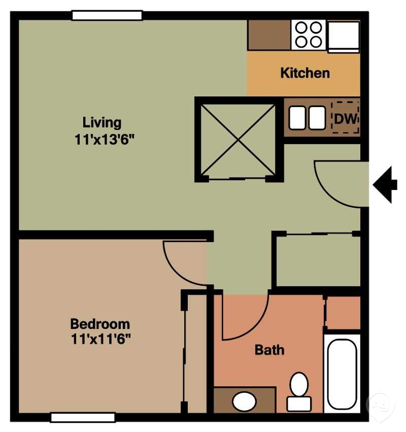 1 Bedroom, 1 Bath, Lower Level Floorplan/650sqft at Parkside Manor, Coralville, 52241