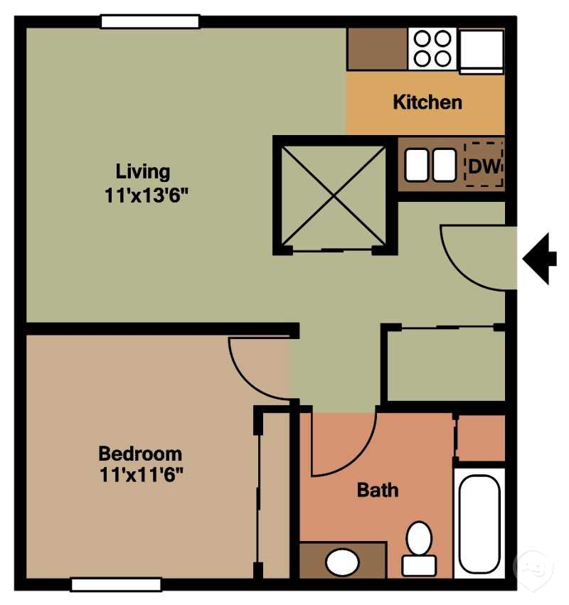 1 Bedroom, 1 Bath, Upper Level Floorplan/650sqft at Parkside Manor, Coralville, IA