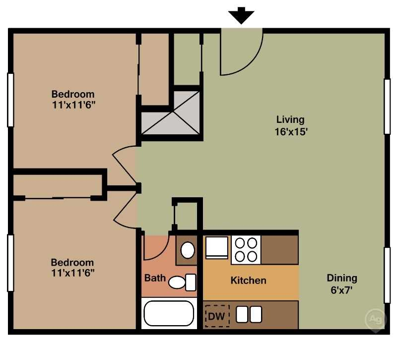2 Bedroom, 1 Bath, Lower Level Floorplan/850sqft at Parkside Manor, Coralville, Iowa