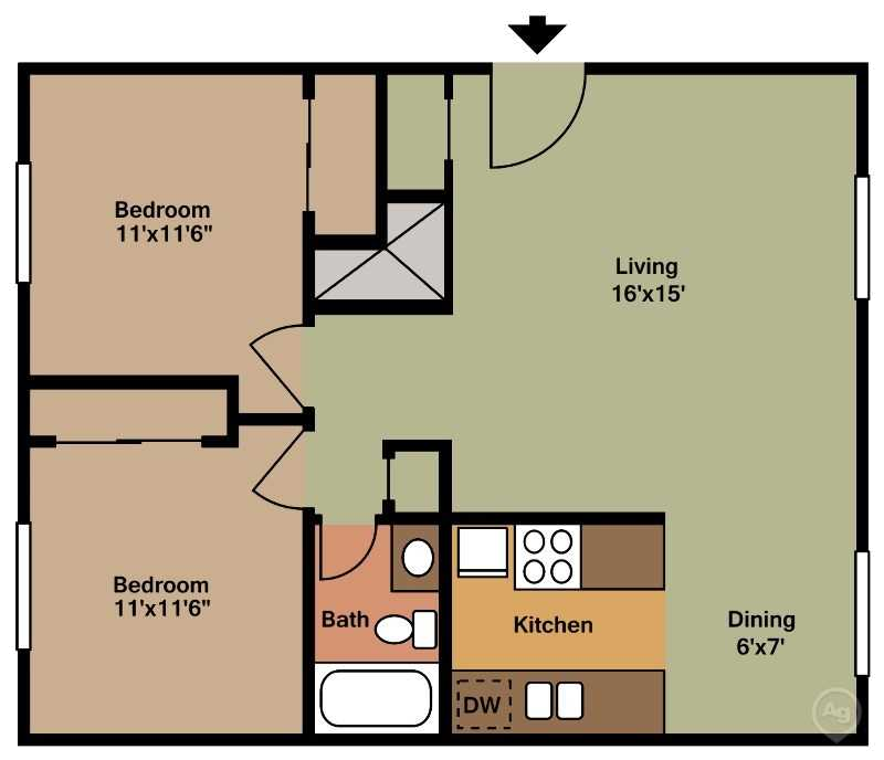 2 Bedroom, 1 Bath, Upper Level Floorplan/850sqft at Parkside Manor, Coralville, 52241
