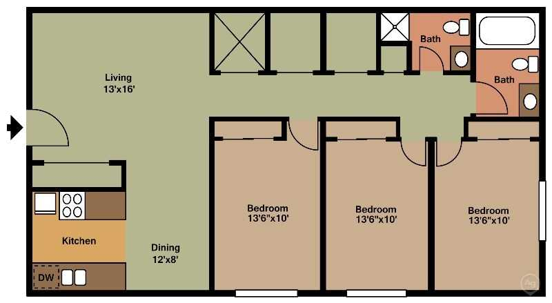 3 Bedroom, 1.5 Bath, Upper Level Floorplan/1200sqft at Parkside Manor, Coralville, Iowa