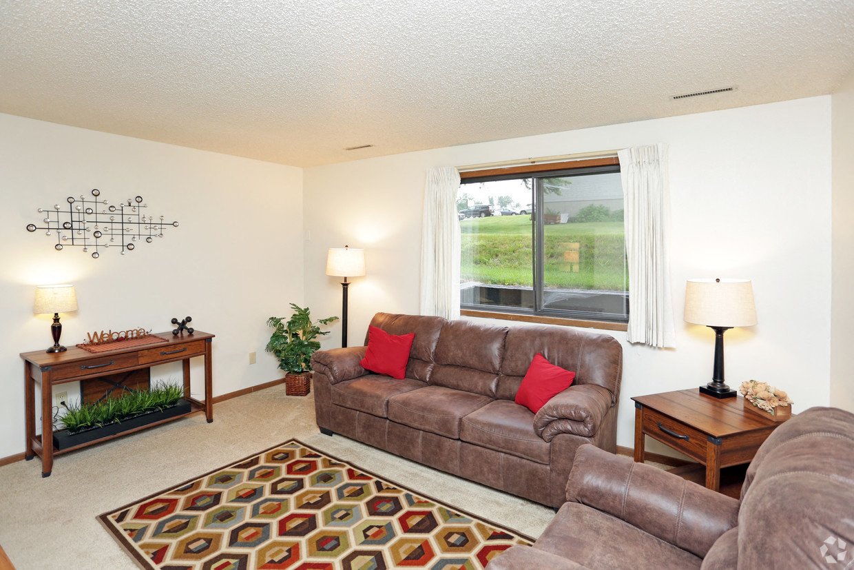 a living room with couches and a rug and a window