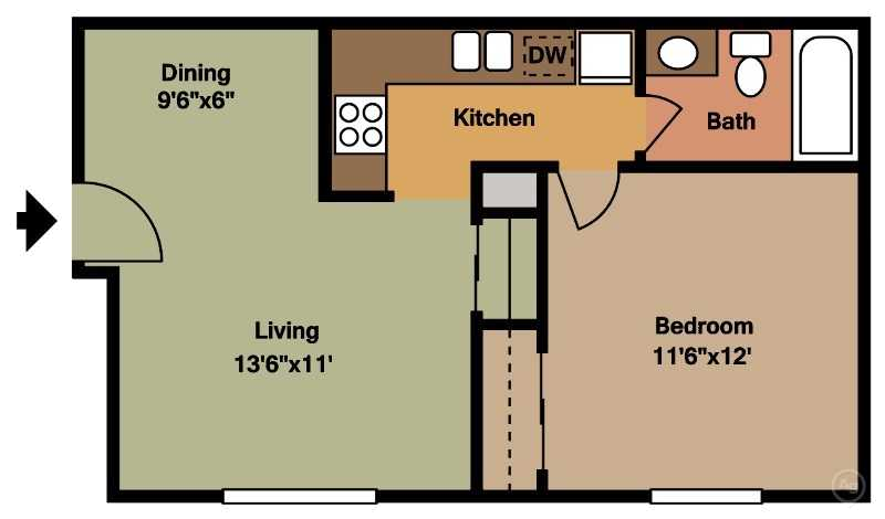 1 Bedroom, 1 Bath floorplan 500sqft at Park Place Apartments, Coralville, IA 52241