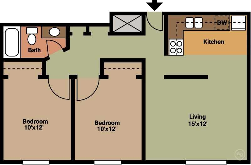 Two Bedroom Floor Plan 750 sqftat Park Place Apartments, Coralville, IA 52241