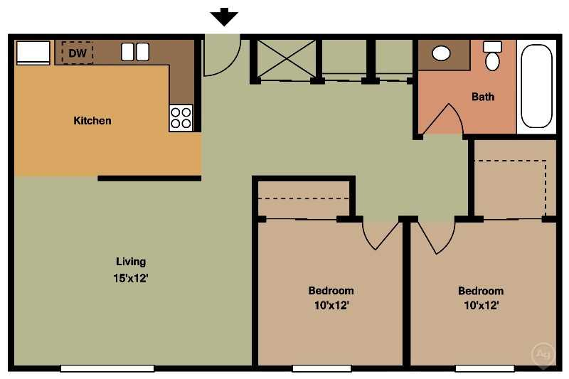 2 Bedroom, 1 Bath floorplan 800sqft at Park Place Apartments, Coralville, IA 52241