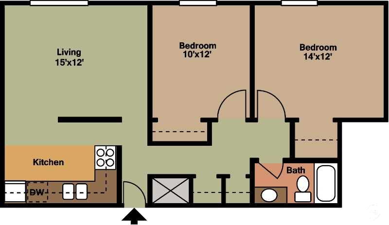 2 Bedroom, 1 Bath floorplan 850sqft at Park Place Apartments, Coralville, IA