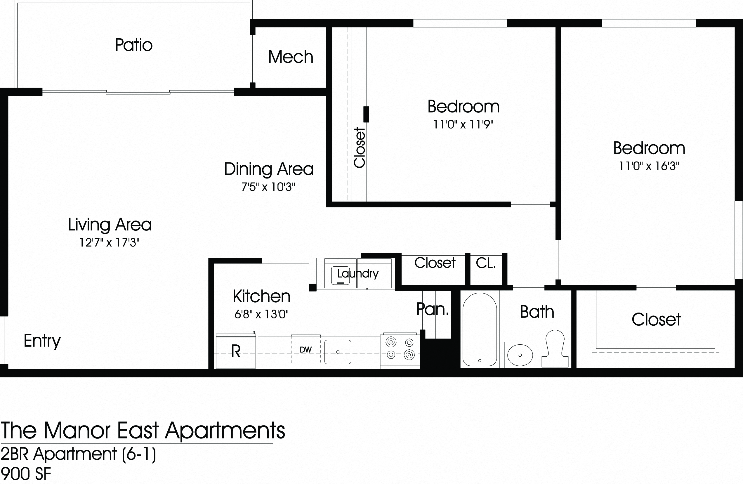 2BR 1BA (900sf)