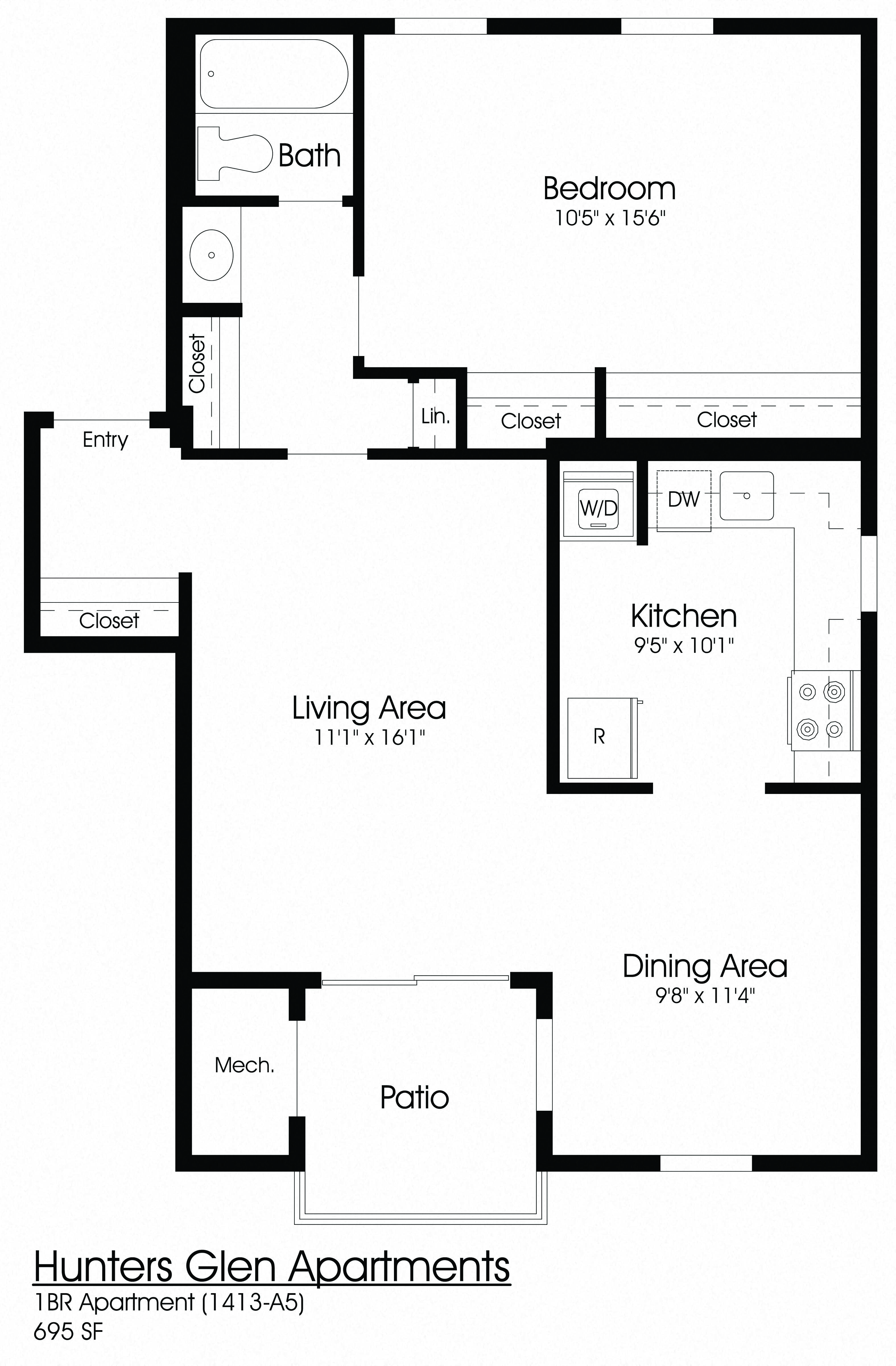 1 Bedroom Floor Plan at The Apartments at Hunters Glen, Frederick, MD, 21702