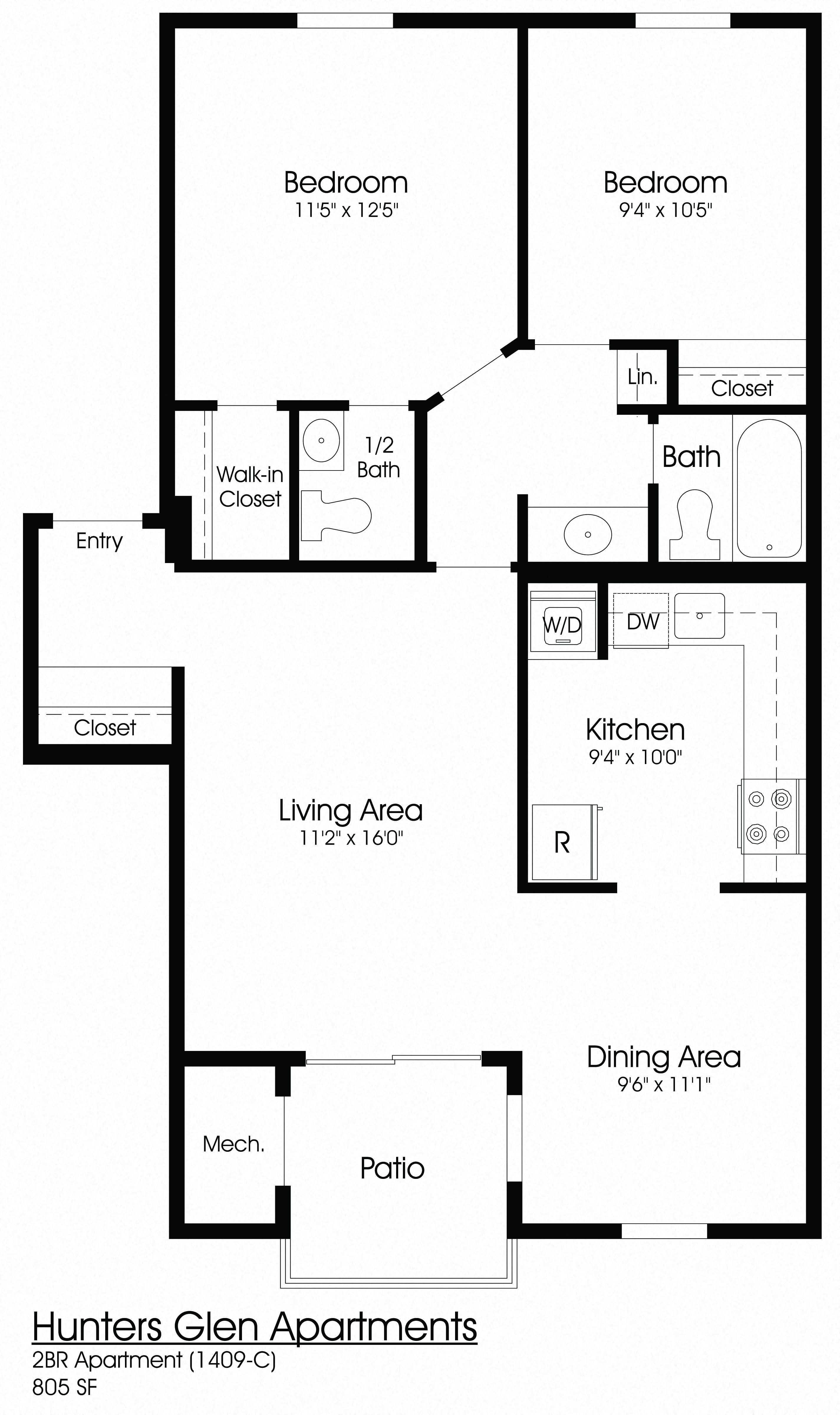 2 Bedroom Floor Plan at The Apartments at Hunters Glen, Frederick, MD