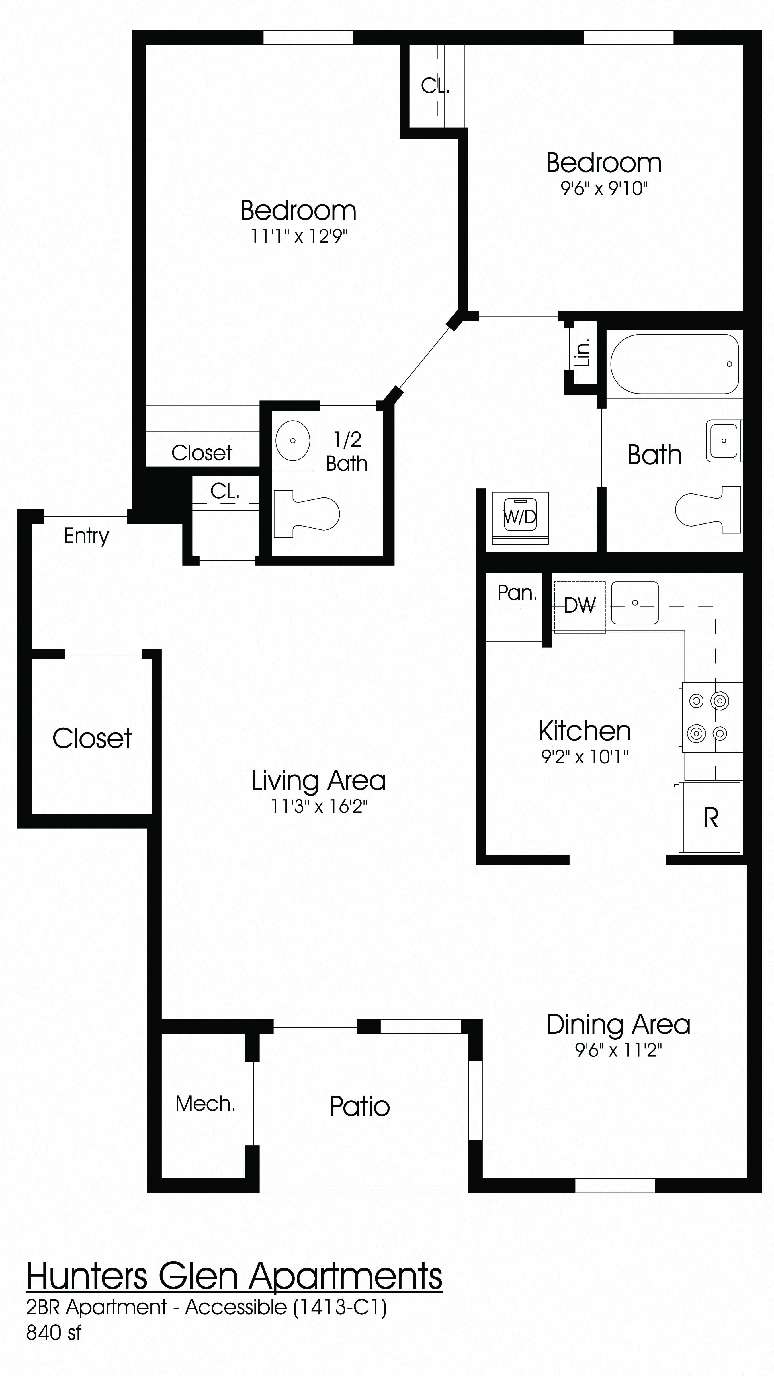 2 Bed Floor Plan at The Apartments at Hunters Glen, Frederick, Maryland