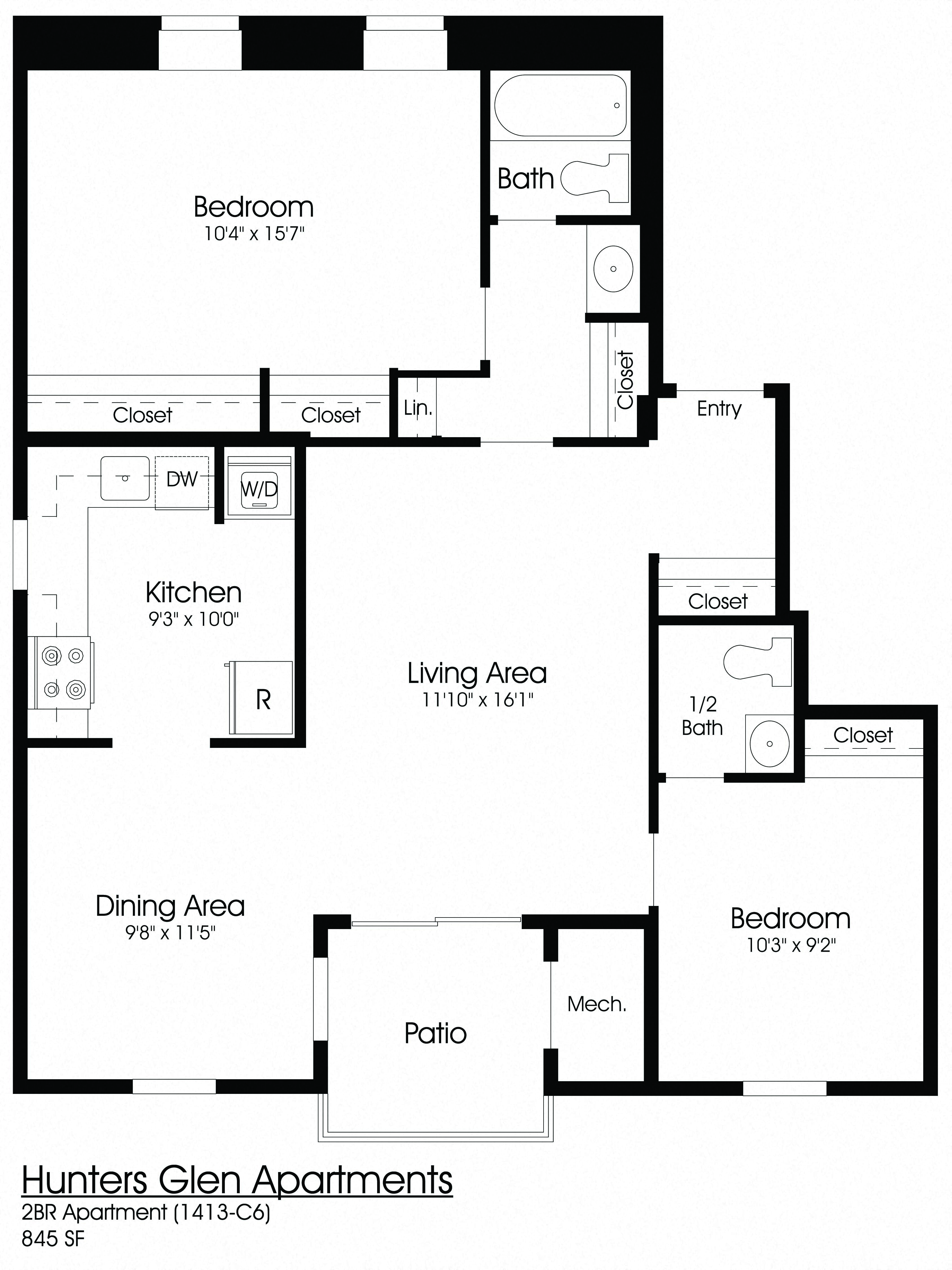 2 Bed 2 bath Floor Plan at The Apartments at Hunters Glen, Frederick