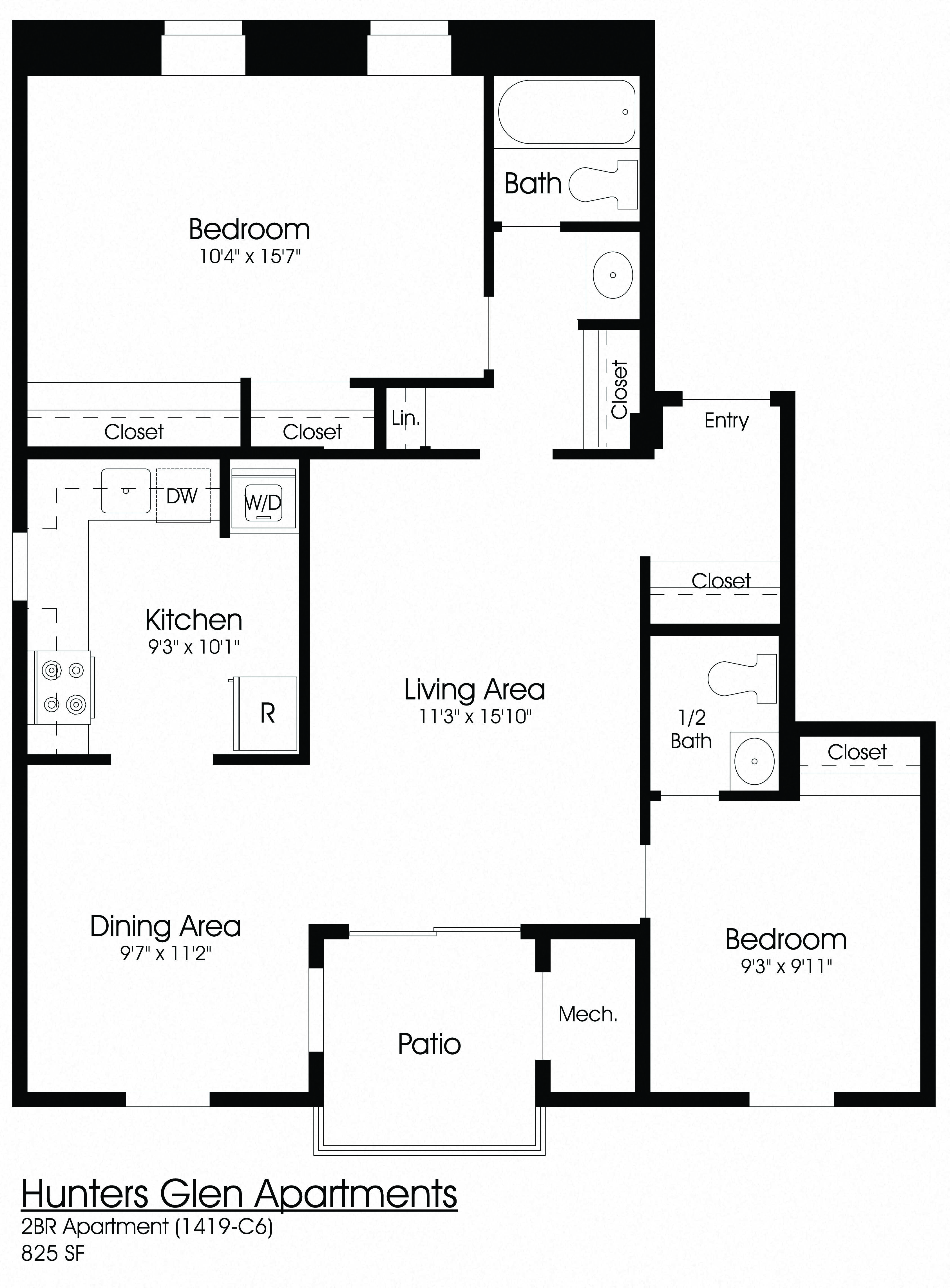 2 Bedroom Floor Plan at The Apartments at Hunters Glen, Frederick, 21702