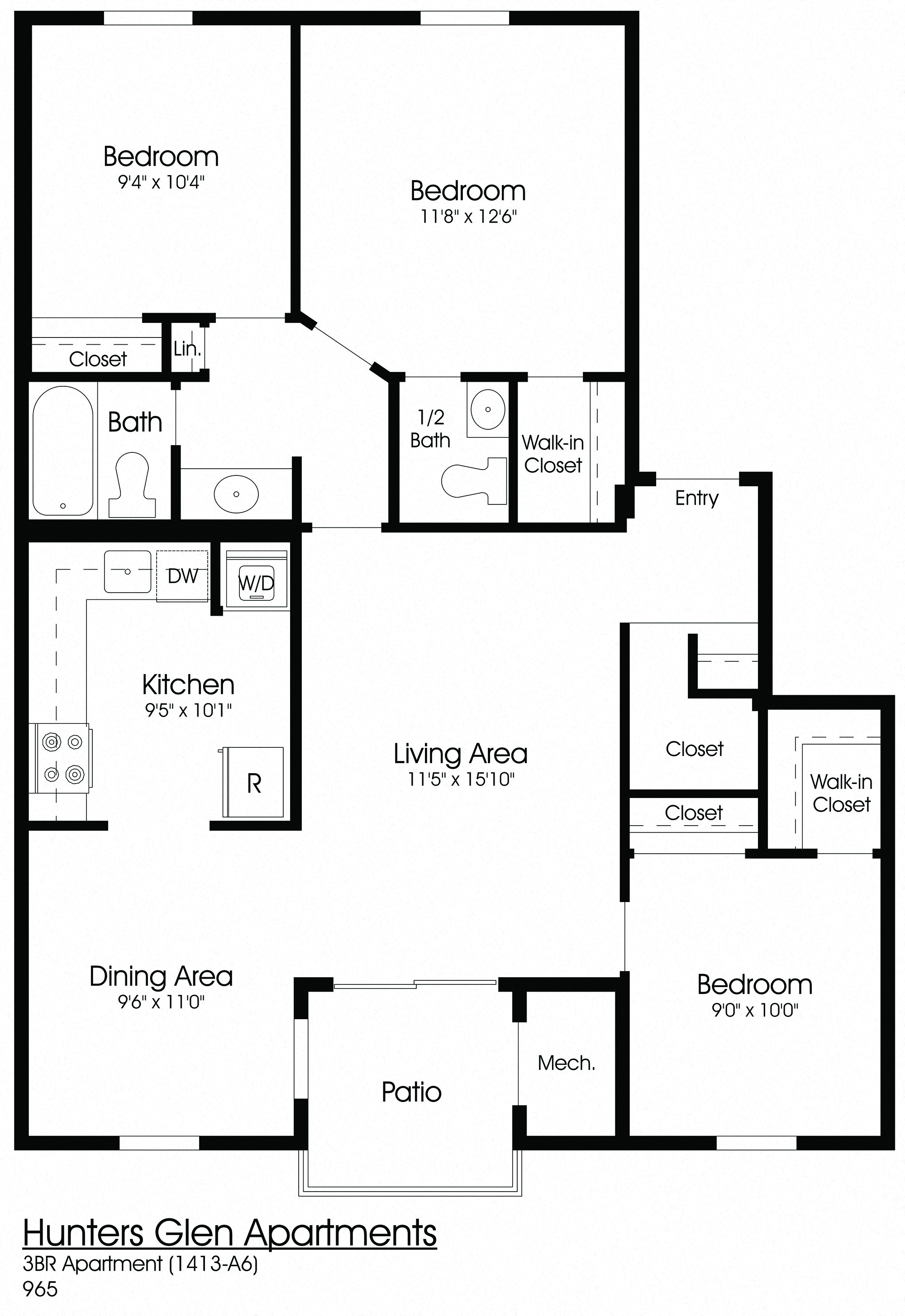 3 Bedroom Floor Plan at The Apartments at Hunters Glen, Maryland