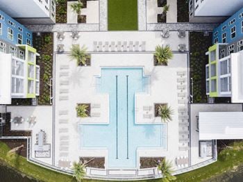 Aerial view of Residences swimming pool and amenity deck