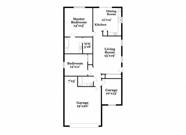 a floor plan of a house with two bedrooms and a garage