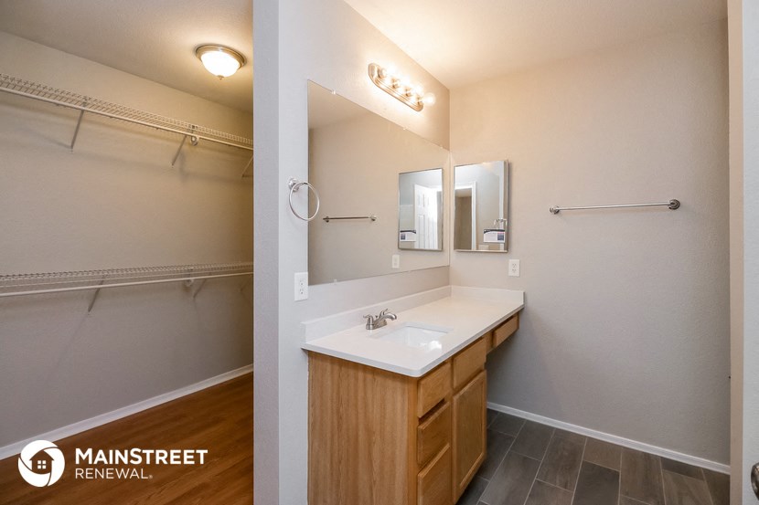 a bathroom with a sink and a mirror and a shower