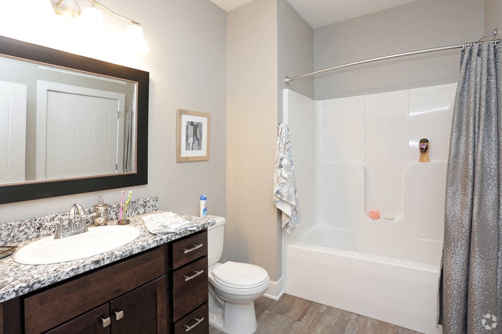 a bathroom with a shower sink and toilet and a mirror
