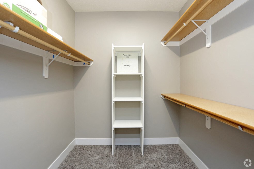 a utility room with shelves and a ladder in a closet