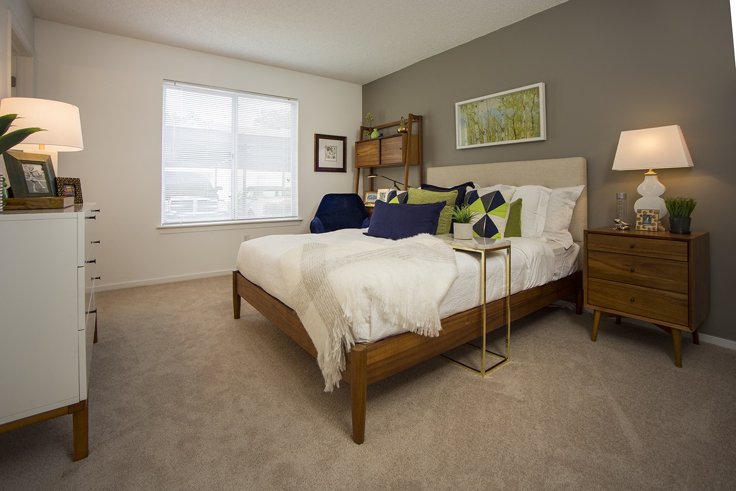 a bedroom with a bed and a dresser and a window