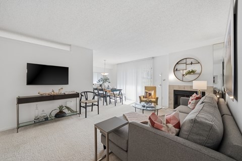 A living room with a grey couch, a glass table, and a television.