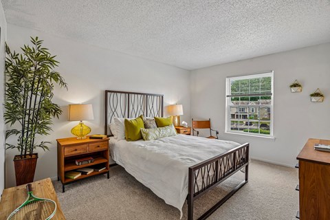 A bedroom with a large bed and a potted plant.